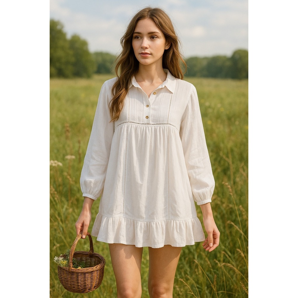 Anthropologie Lumiere Ivory Cotton Tunic Top Small Ruffle Hem Boho Peasant Chic